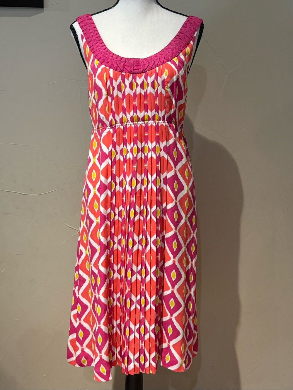 Tory Burch Pink and Orange Printed Sleeveless Pleated Dress